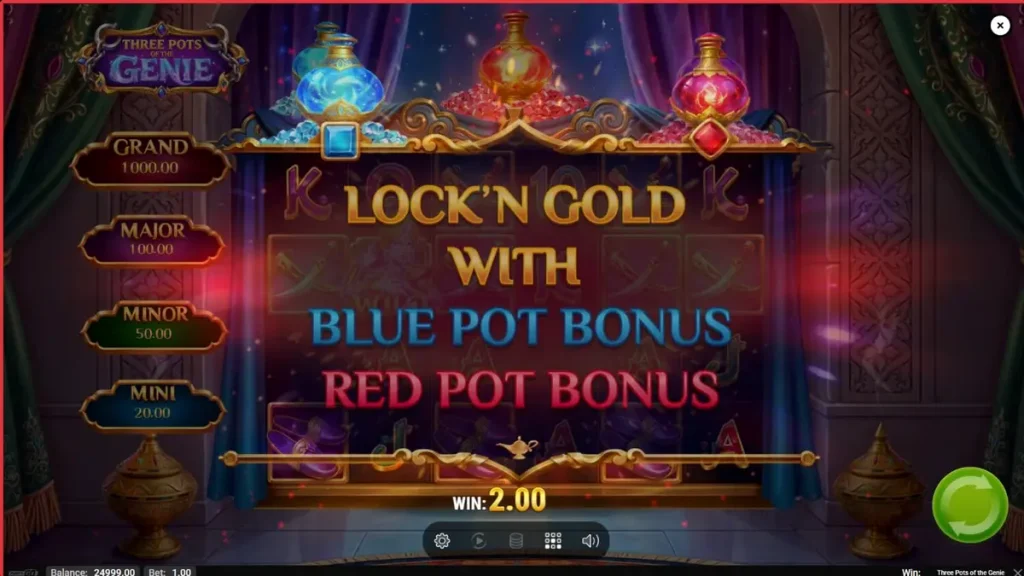 Tampilan layar permainan slot Three Pots of the Genie dengan latar belakang gurun Arab dan poci-poci ajaib di atas gulungan.