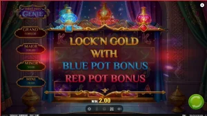 Tampilan layar permainan slot Three Pots of the Genie dengan latar belakang gurun Arab dan poci-poci ajaib di atas gulungan.