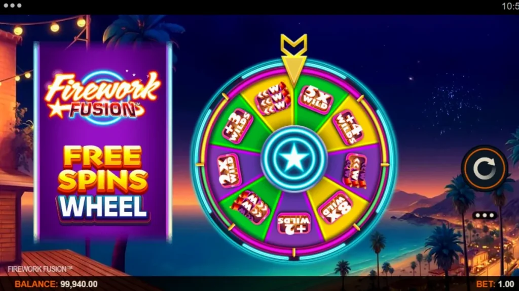 Tampilan visual slot Firework Fusion dengan tema karnaval pantai dan kembang api.